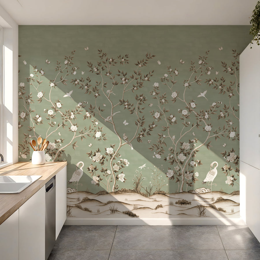 Kitchen corner with full scenic mural wall wood counter and window light featuring Green Chinoiserie Wallpaper Mural Birds Cranes by Maja Pitschmann