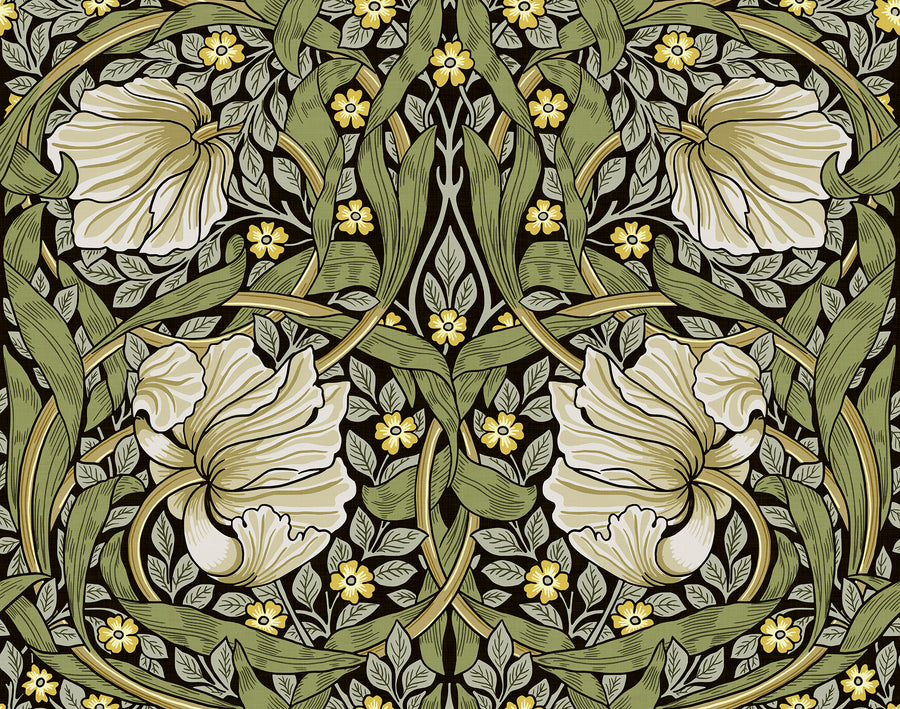 Green and cream William Morris Pimpernel floral wallpaper pattern with poppies and vines