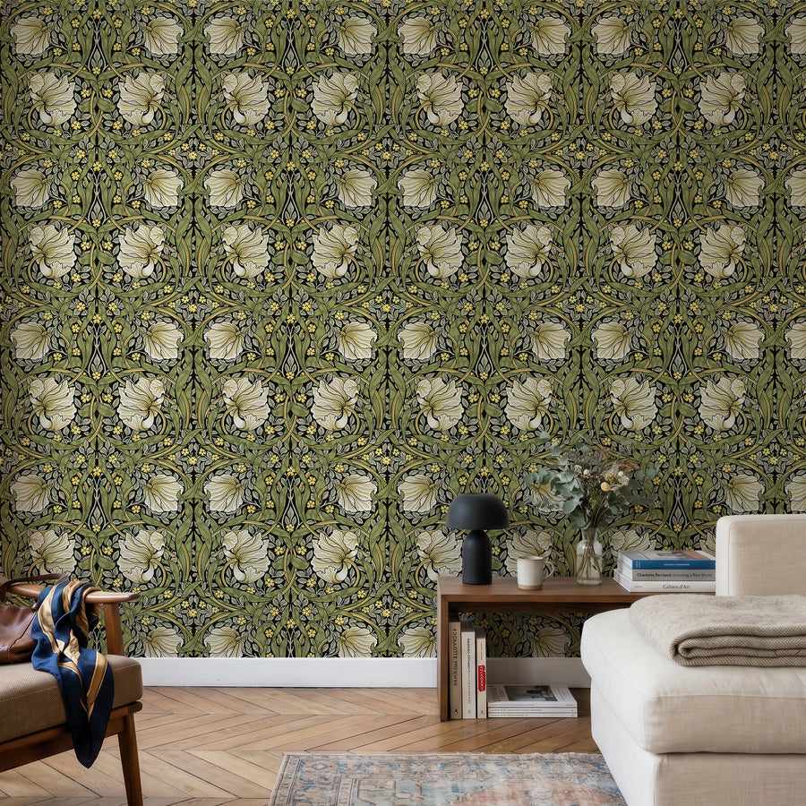 Green and cream William Morris Pimpernel wallpaper in a sitting room
