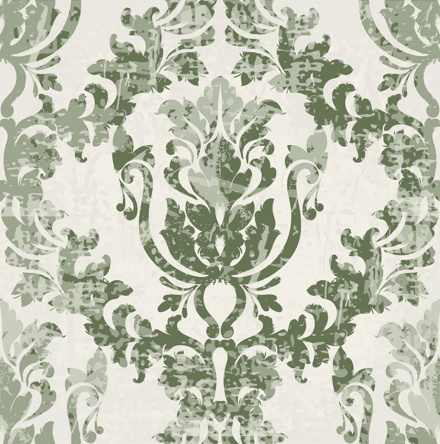 Sage green damask wallpaper pattern with an ornate rococo motif and faded texture on cream