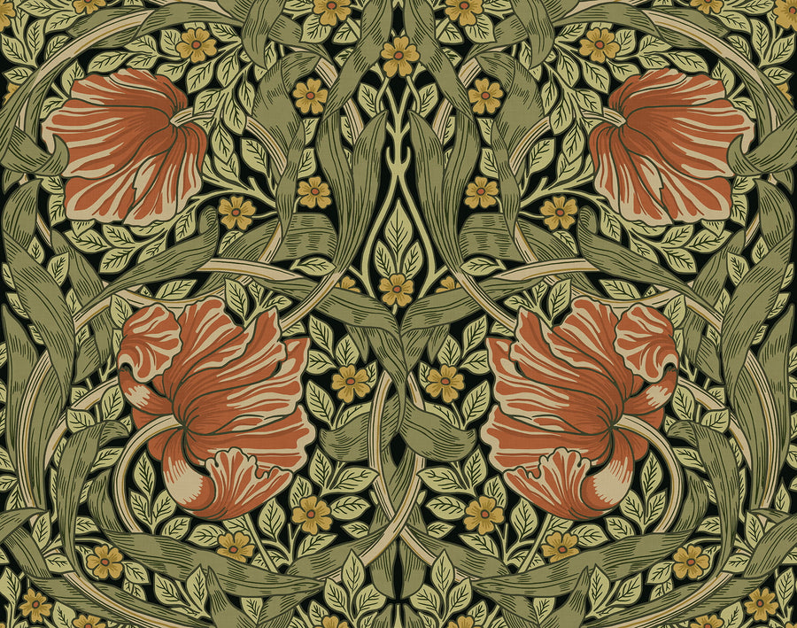 Green and terracotta William Morris Pimpernel floral wallpaper pattern with poppies and vines
