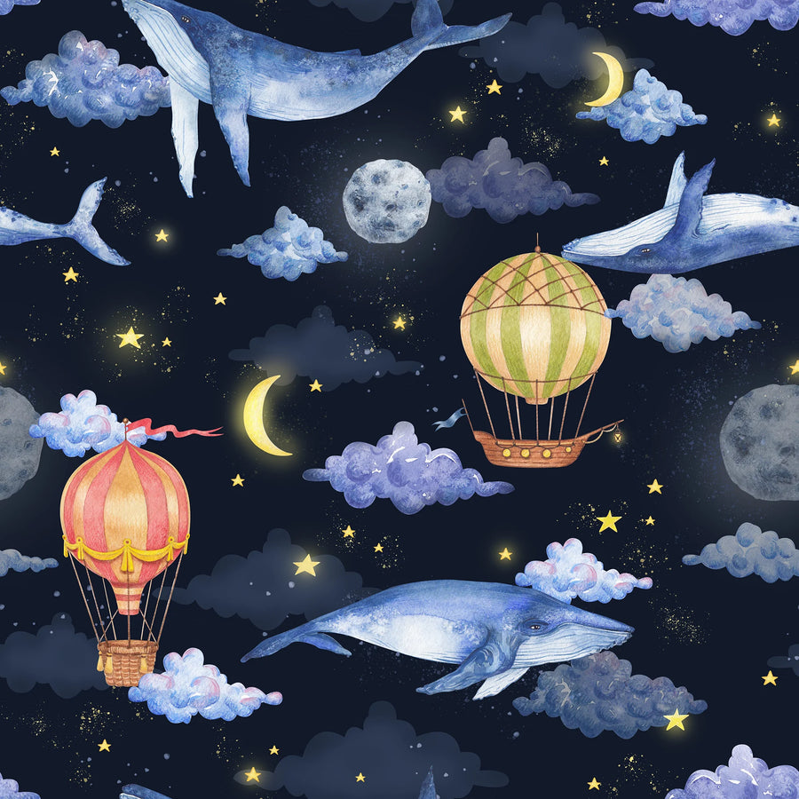 Hot air balloon and whale wallpaper pattern with watercolor whales, striped balloons, moons and stars on midnight navy