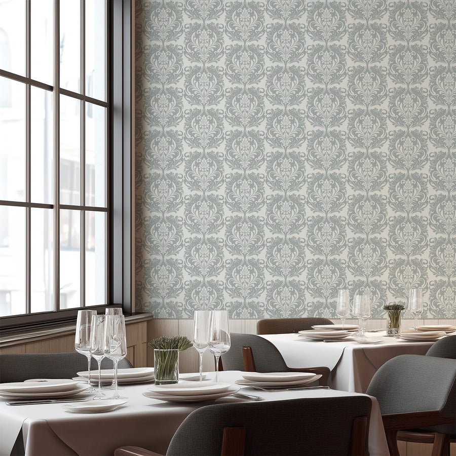 Imperial grey damask wallpaper in a dining room with set tables