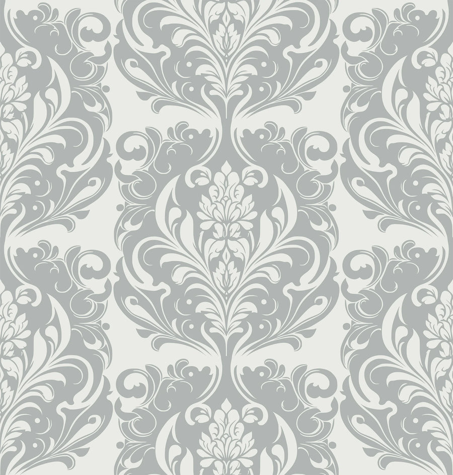 Imperial grey damask wallpaper pattern with an ornate victorian motif in tonal grey