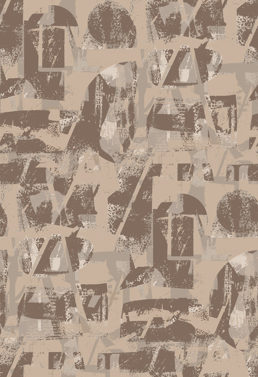 Industrial Collage Typography Wallpaper Brown Taupe repeating pattern swatch 24W x 35H