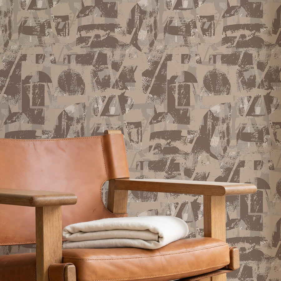 Modern interior with Industrial Collage Typography Wallpaper Brown Taupe by Petra Kohlmayr