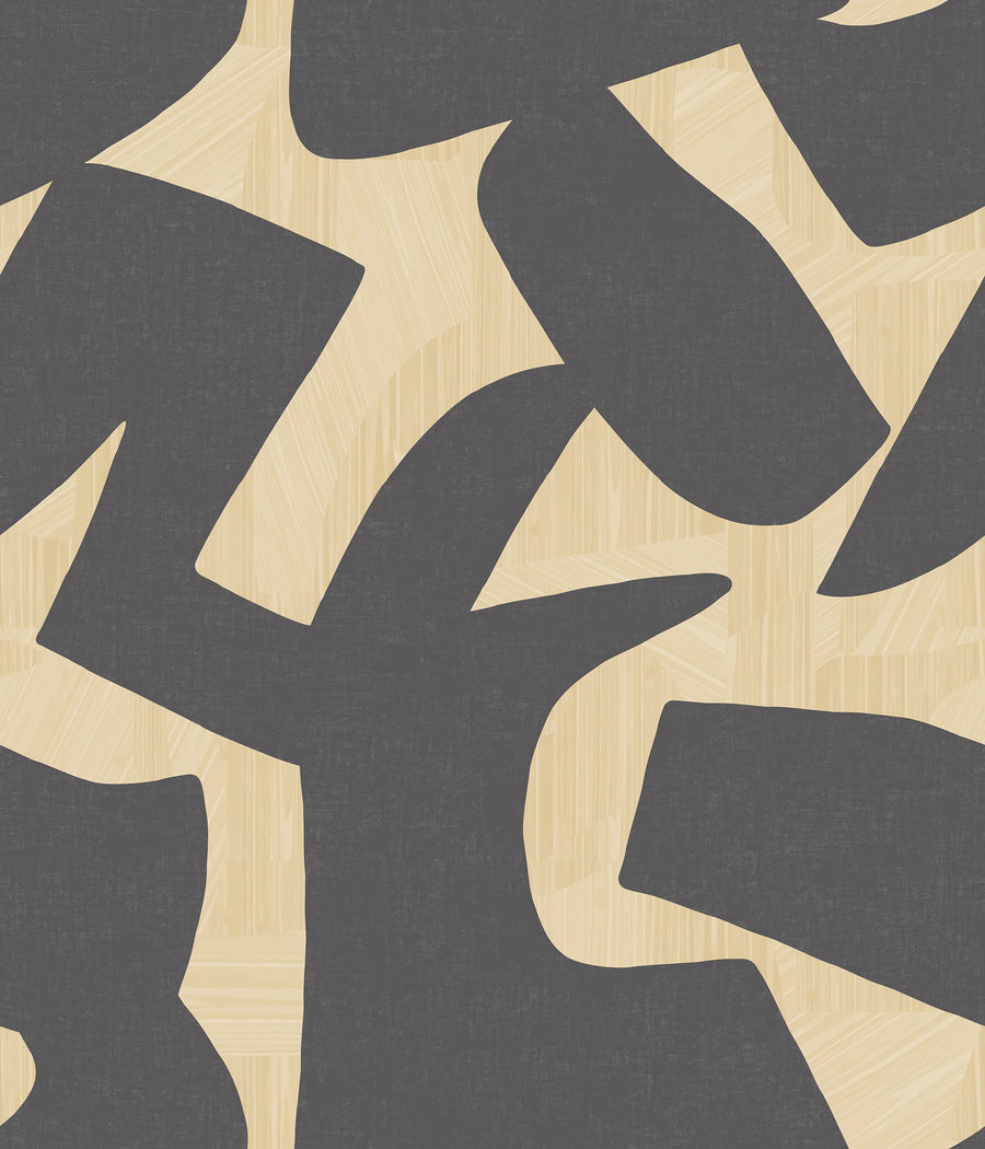 Intarsia charcoal and sand textured wallpaper pattern repeat tile showing bold biomorphic cutout shapes on charcoal linen-weave ground