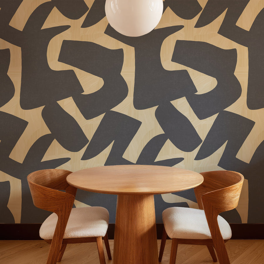 Intarsia charcoal and sand abstract cutout textured wallpaper in a modern living room setting