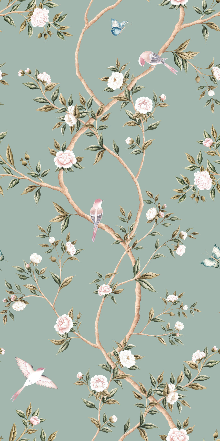 Light Green Chinoiserie Hemma Wallpaper Floral Garden Birds repeating pattern swatch 24W x 48H