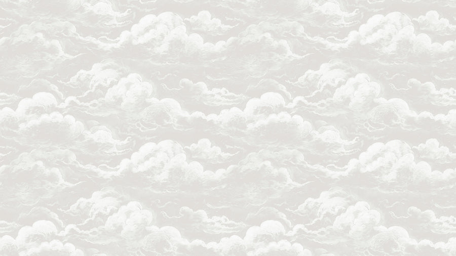 Light grey sky and clouds wall mural pattern with soft watercolor white clouds on pale grey