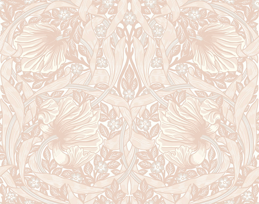Light pink William Morris Pimpernel floral wallpaper pattern with tulips and vines on cream