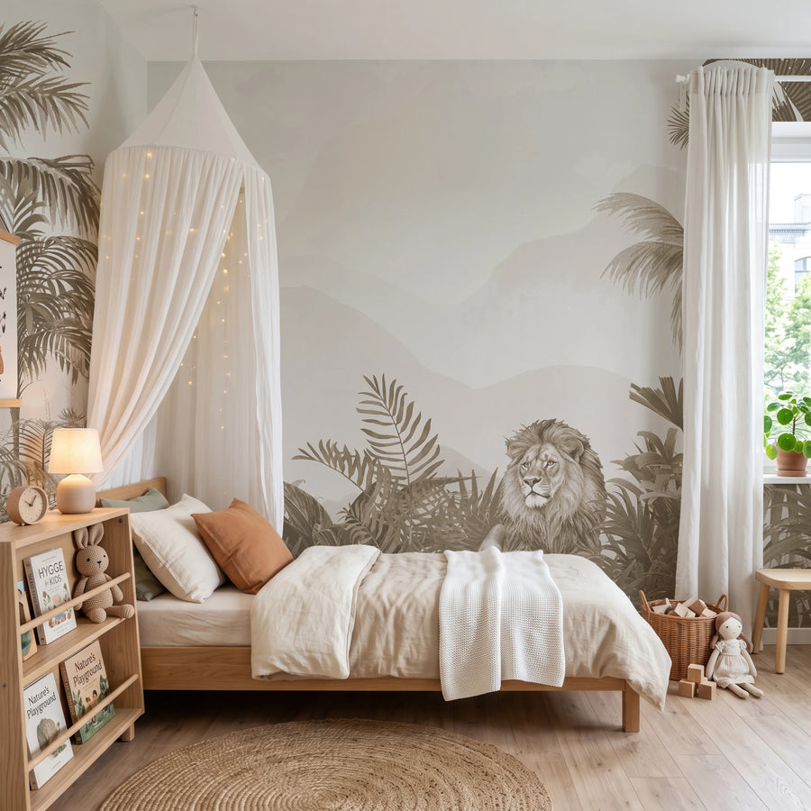 Lion tropical jungle wall mural in a kids bedroom with a canopy bed and bookshelf