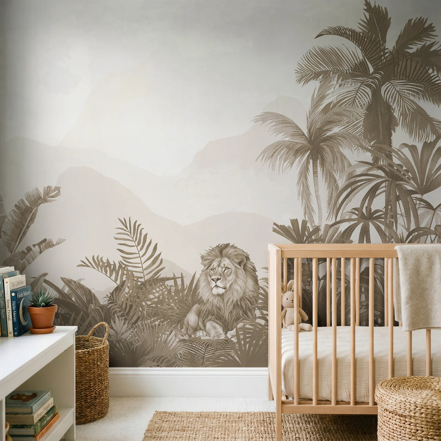 Lion tropical jungle wall mural in sepia behind a wooden crib in a neutral nursery