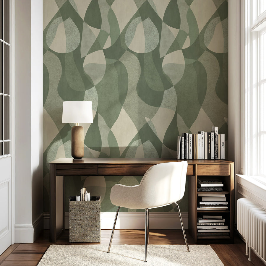 Close-up detail of Mid-Century Abstract Curves Wallpaper showing overlapping forms in navy and slate blue