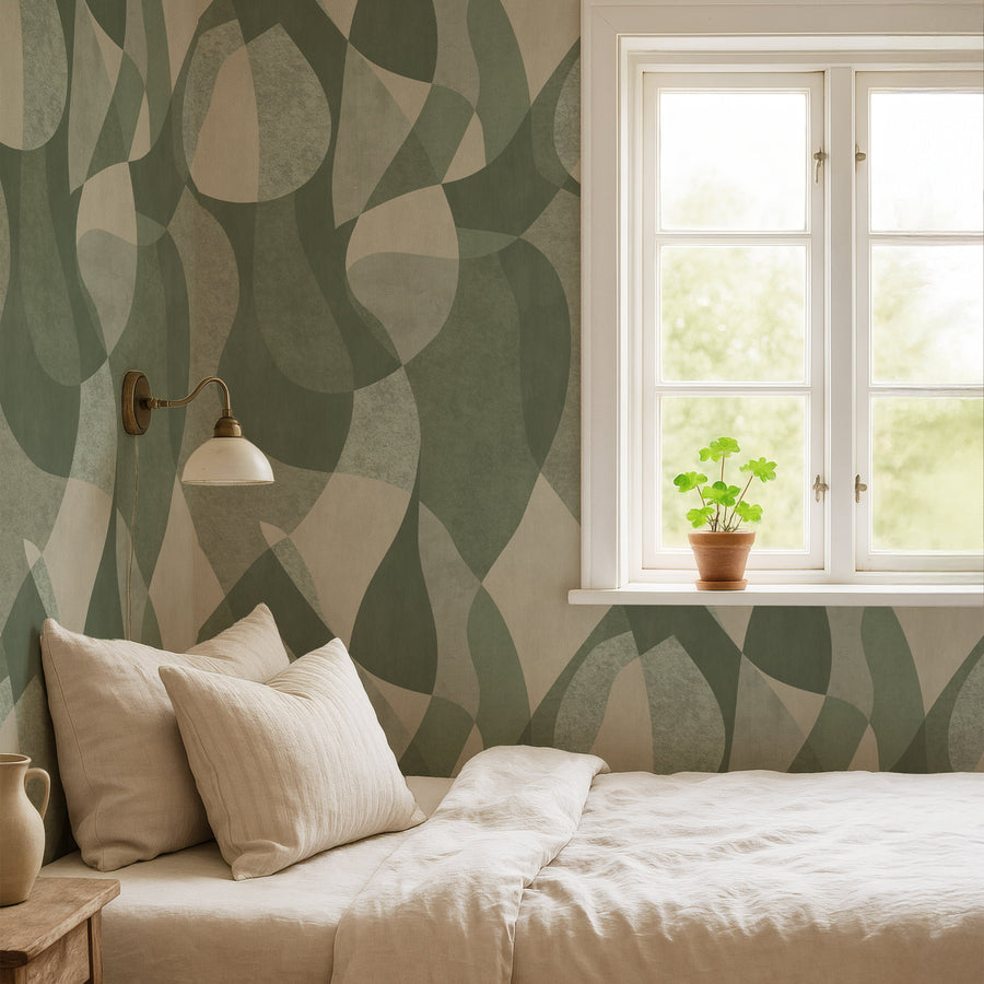 Stylish interior with Mid-Century Abstract Curves Wallpaper Navy Slate Blue accent wall