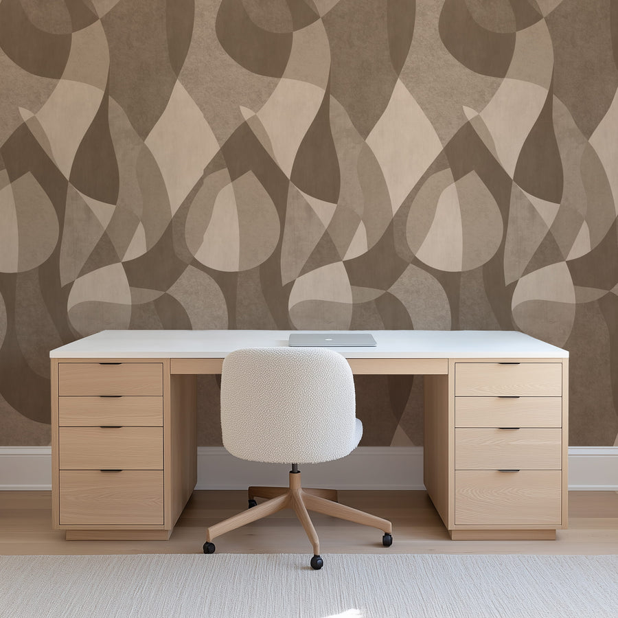 Close-up detail of Mid-Century Abstract Curves Wallpaper showing overlapping forms in warm tan and caramel