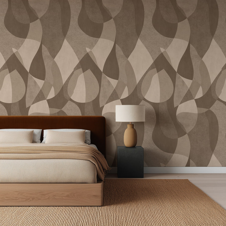 Stylish interior with Mid-Century Abstract Curves Wallpaper Warm Tan Caramel accent wall