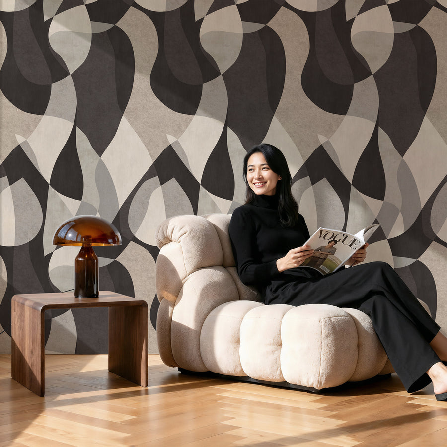 Close-up detail of Mid-Century Modern Abstract Shapes Wallpaper showing overlapping forms in espresso taupe and grey