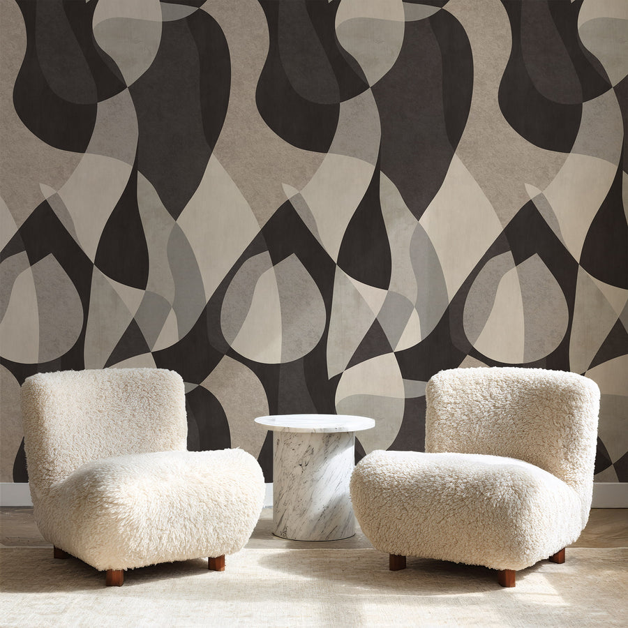 Modern living room with Mid-Century Modern Abstract Shapes Wallpaper Espresso Taupe Grey by Petra Kohlmayr