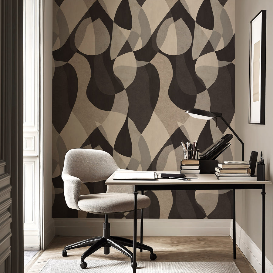 Bedroom interior with Mid-Century Modern Abstract Shapes Wallpaper Espresso Taupe Grey feature wall