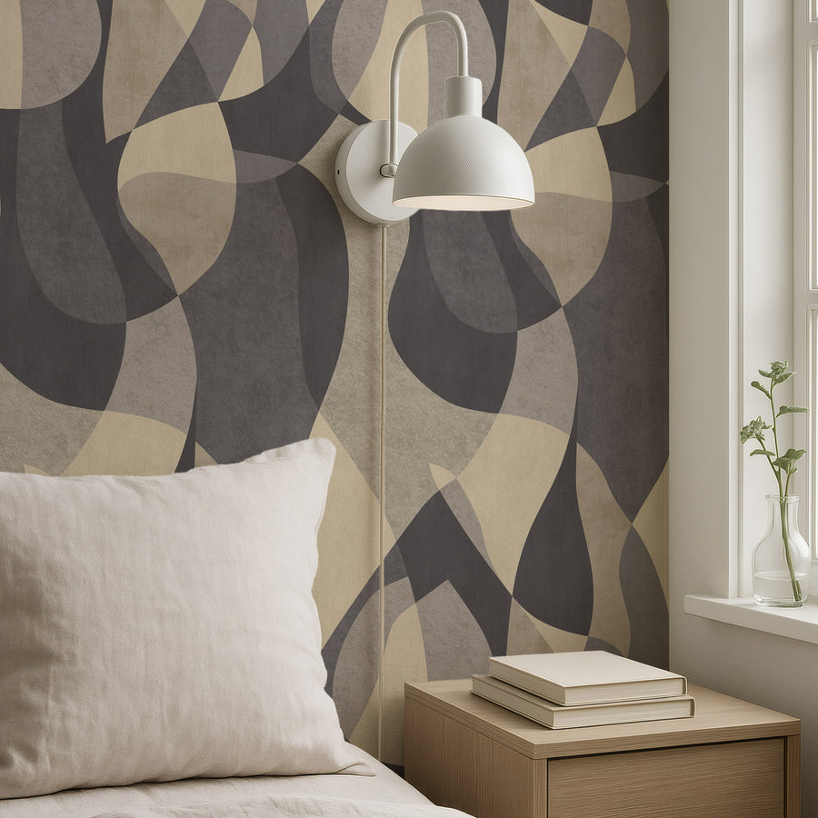 Stylish interior with Mid-Century Modern Geometric Curves Wallpaper Charcoal Grey Sand accent wall