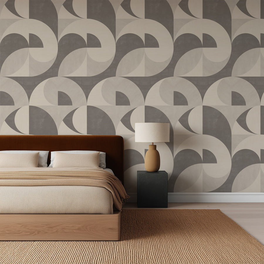 Bedroom with brown leather headboard and jute rug featuring Mid-Century Neutral Geometric Wallpaper Taupe Cream by Petra Kohlmayr