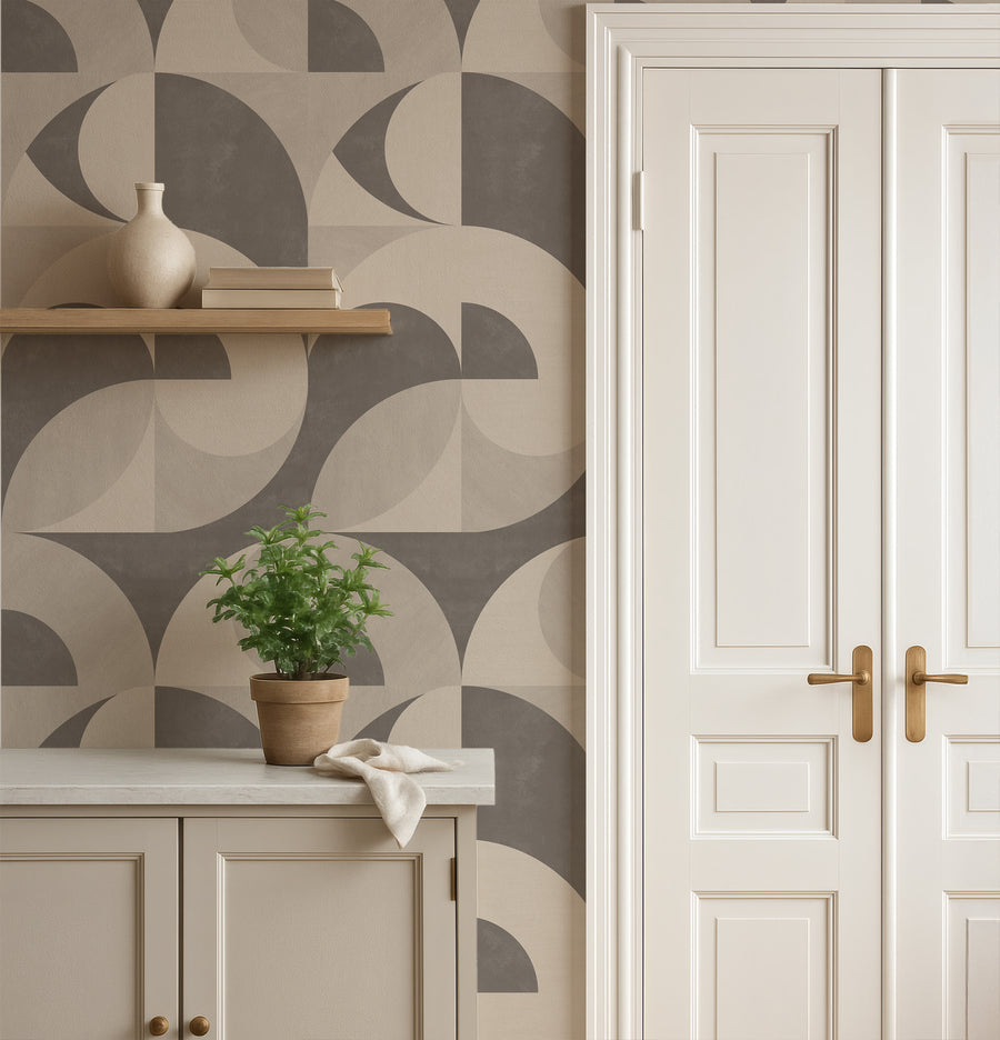Hallway with white door and floating shelves featuring Mid-Century Neutral Geometric Wallpaper Taupe Cream