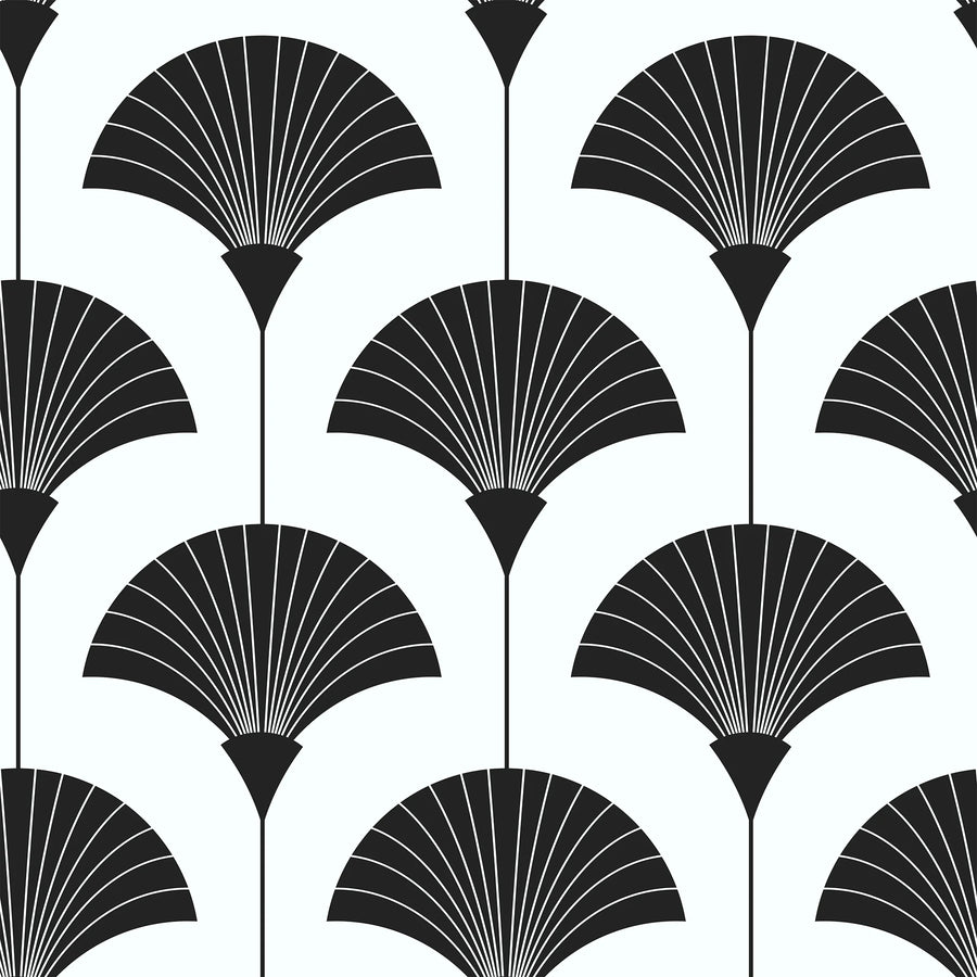 Minimalist black and white Art Deco fan wallpaper pattern swatch with large overlapping folding fans