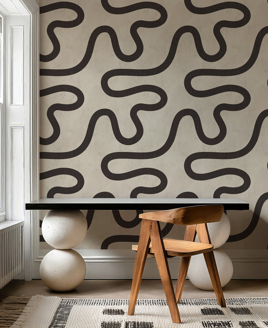 Close-up detail of Minimalist Line Art Wallpaper showing bold meandering line on cream textured ground