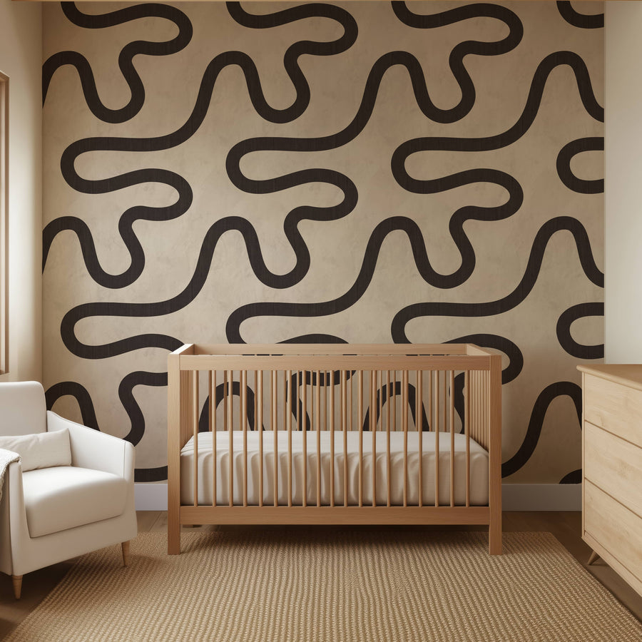 Stylish interior with Minimalist Line Art Wallpaper Black Cream accent wall