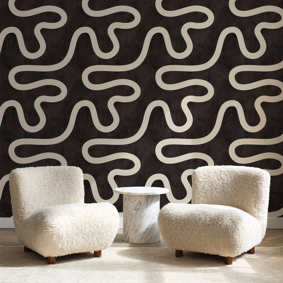 Close-up detail of Minimalist Line Art Wallpaper showing cream meandering line on espresso brown textured ground