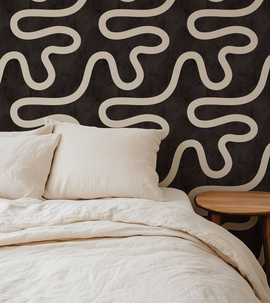 Modern interior with Minimalist Line Art Wallpaper Cream Espresso by Petra Kohlmayr