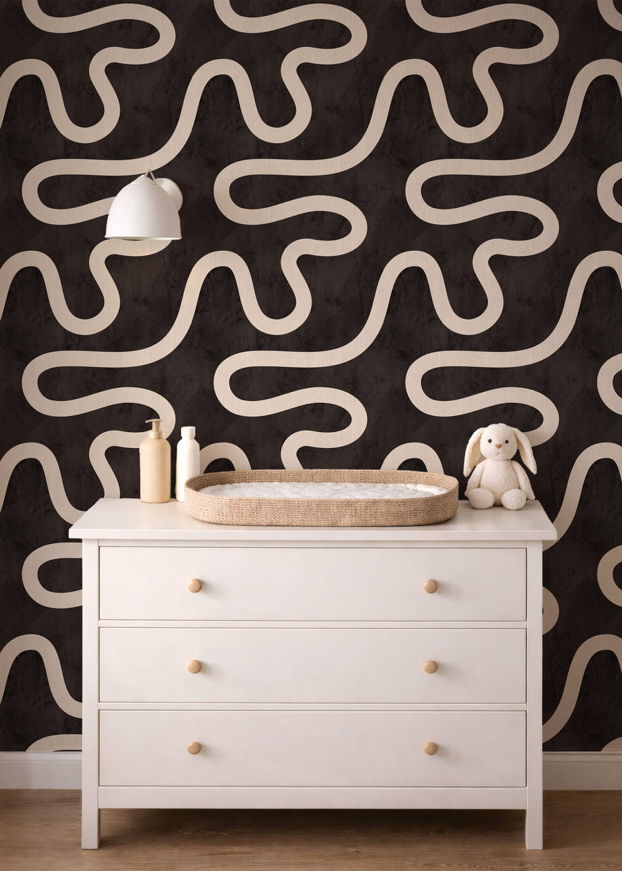 Stylish interior with Minimalist Line Art Wallpaper Cream Espresso accent wall