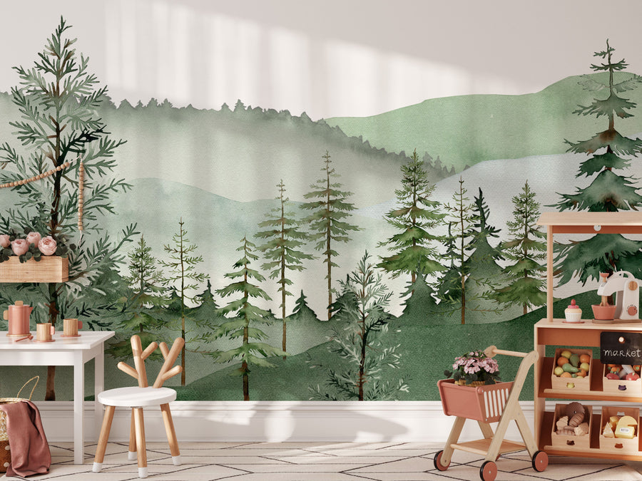 Misty mountain and pine forest mural in a kids room with a dollhouse and small desk
