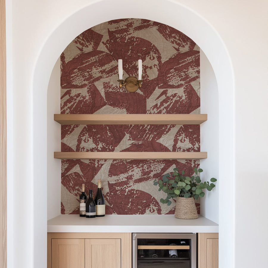 Arched alcove with floating shelves wine bottles and built-in wine fridge featuring Modern Abstract Wood Texture Wallpaper Burgundy Beige by Petra Kohlmayr