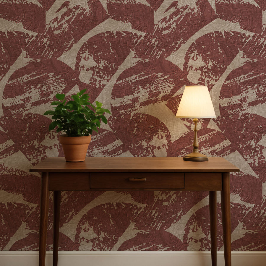 Entryway with console table lamp and potted plant featuring Modern Abstract Wood Texture Wallpaper Burgundy Beige