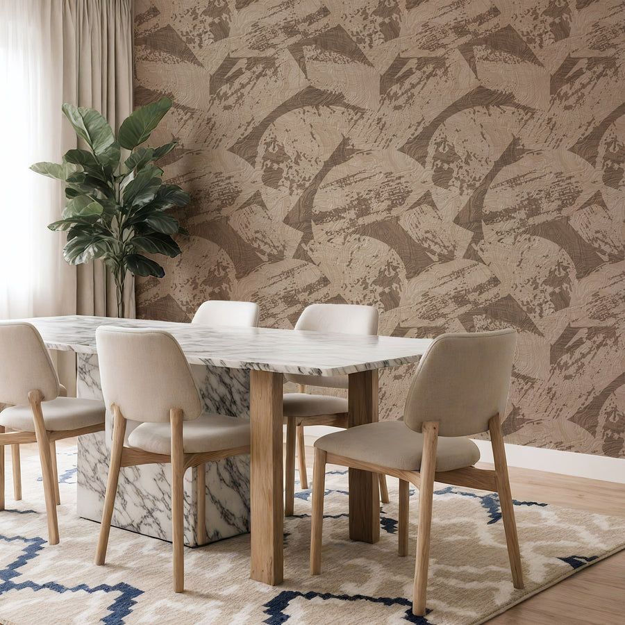 Stylish dining room with Modern Abstract Woodcut Wallpaper Brown Beige accent wall