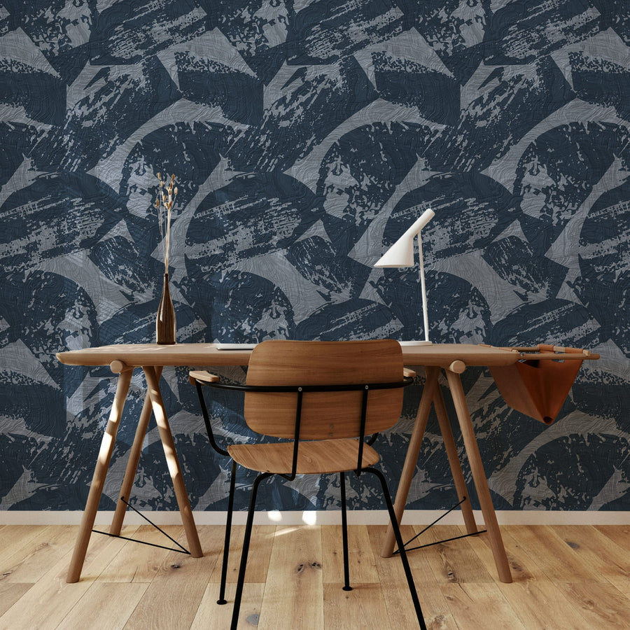 Dining room with dark round table and chairs featuring Modern Wood Texture Wallpaper Navy Slate Grey accent wall