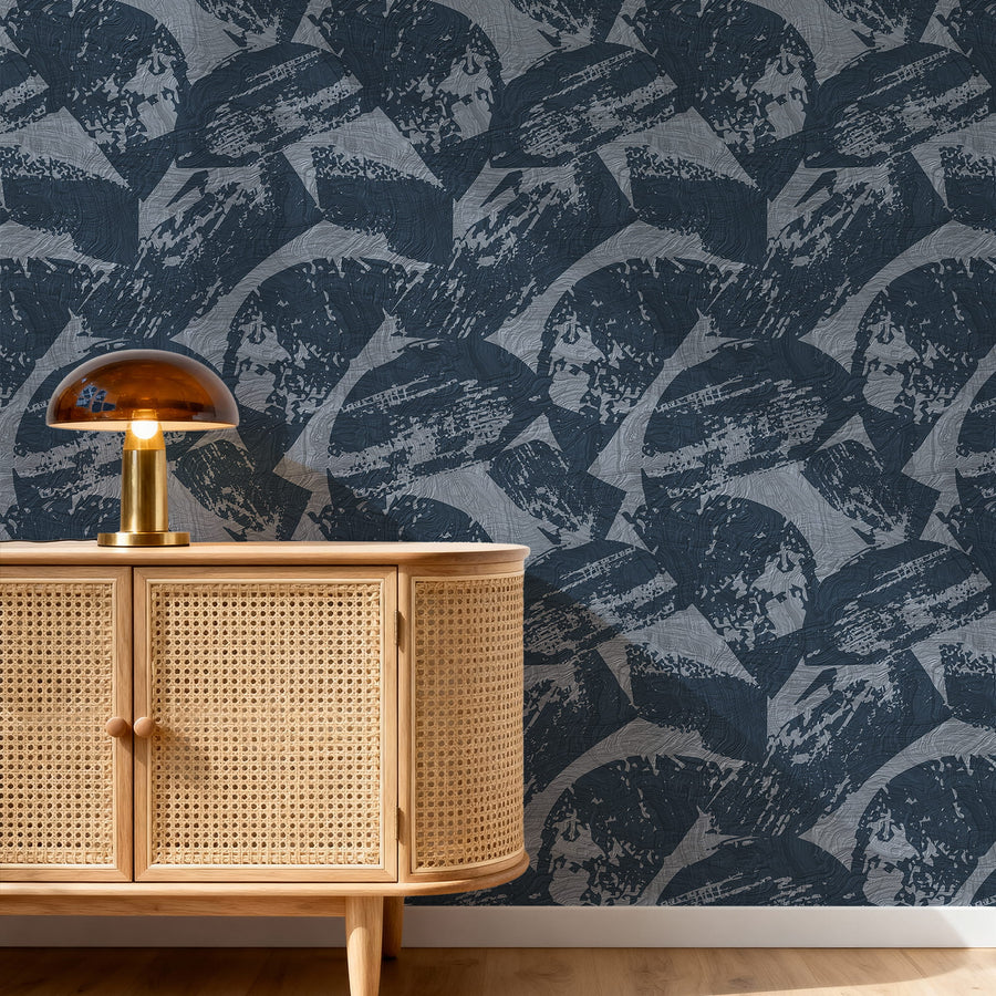 Entryway with rattan cane sideboard and brass mushroom lamp featuring Modern Wood Texture Wallpaper Navy Slate Grey by Petra Kohlmayr