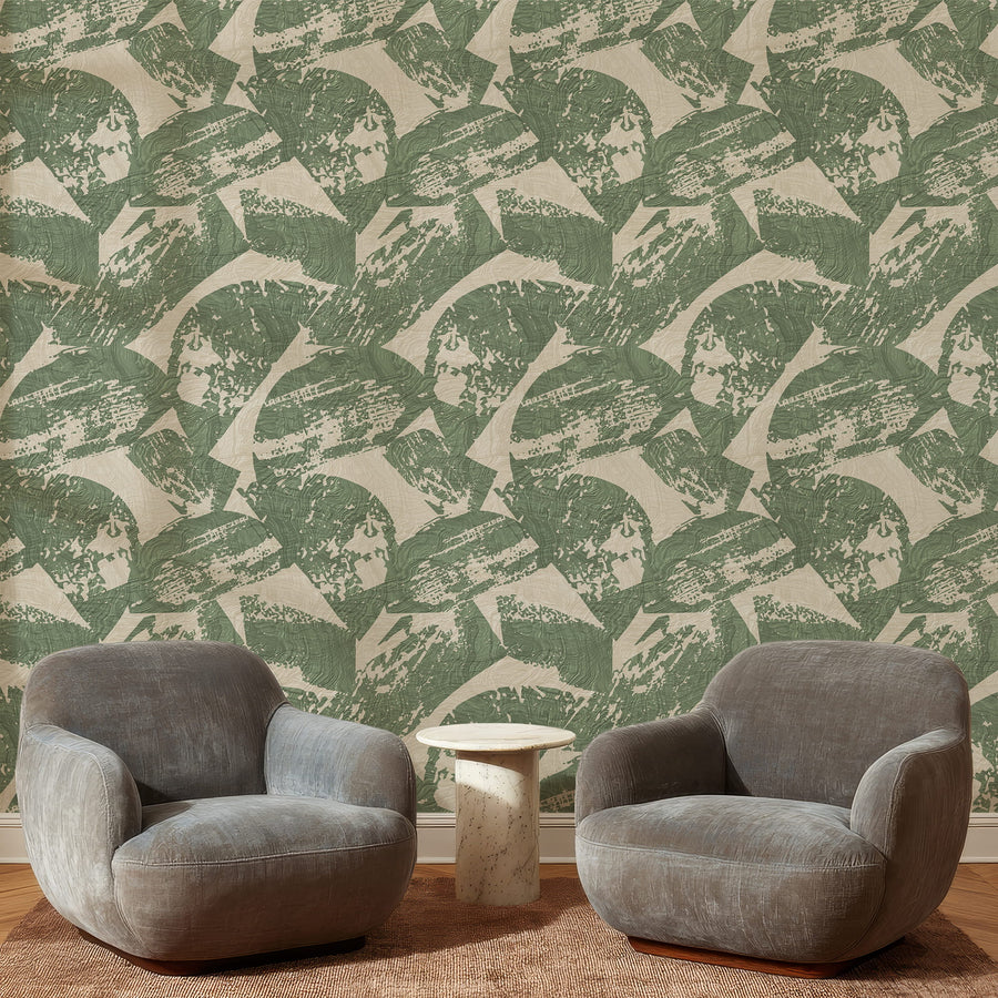 Modern interior of Modern Wood Texture Wallpaper showing carved shapes with wood grain in sage green and beige