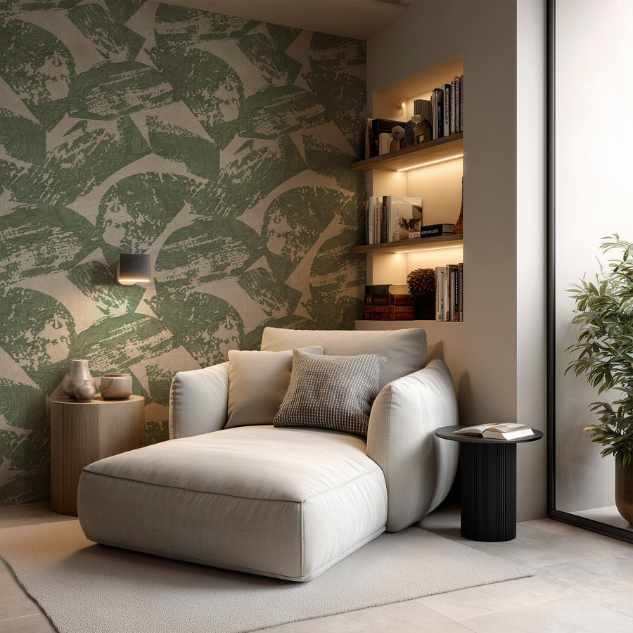 Bedroom interior with Modern Wood Texture Wallpaper Sage Green Beige feature wall