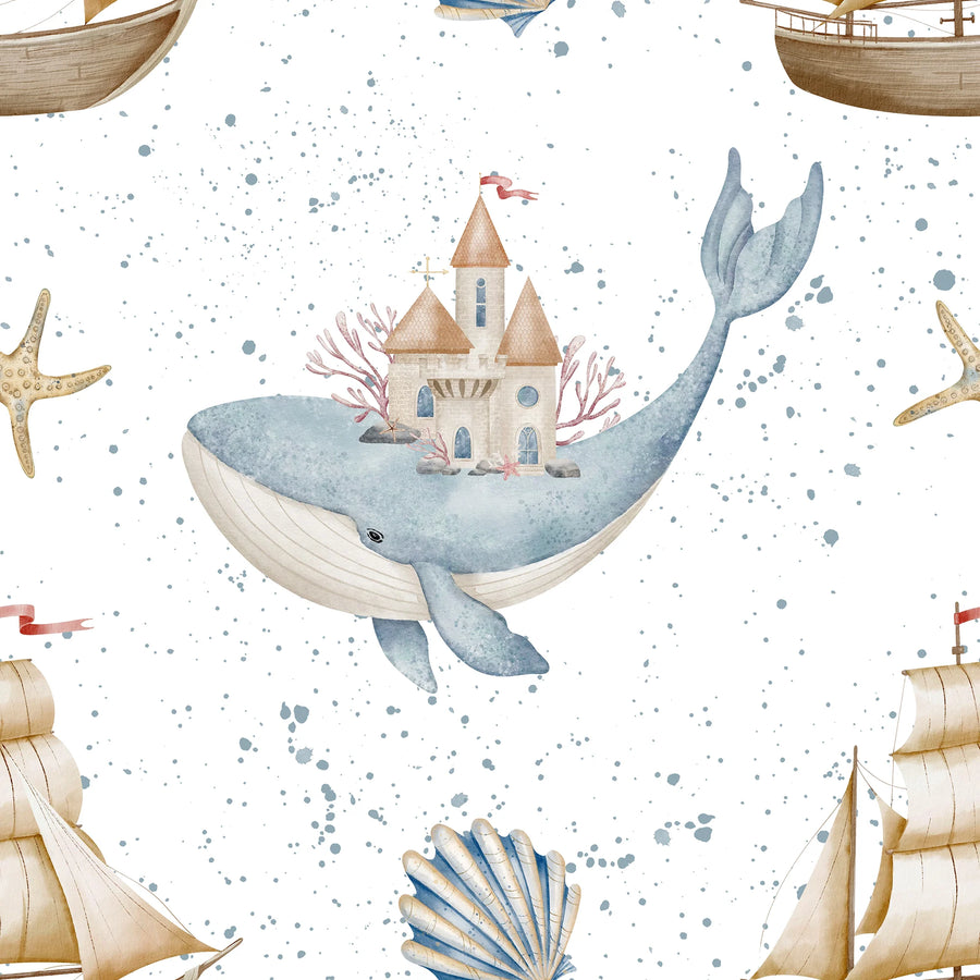 Nautical nursery wallpaper pattern swatch with a whale carrying a castle, sailing ships, seashells and starfish