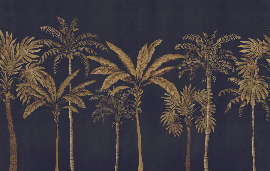 Navy and gold palm tree tropical wallpaper mural with antique gold palms on deep navy