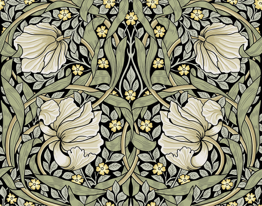 Olive green and cream William Morris Pimpernel floral wallpaper pattern with poppies and vines