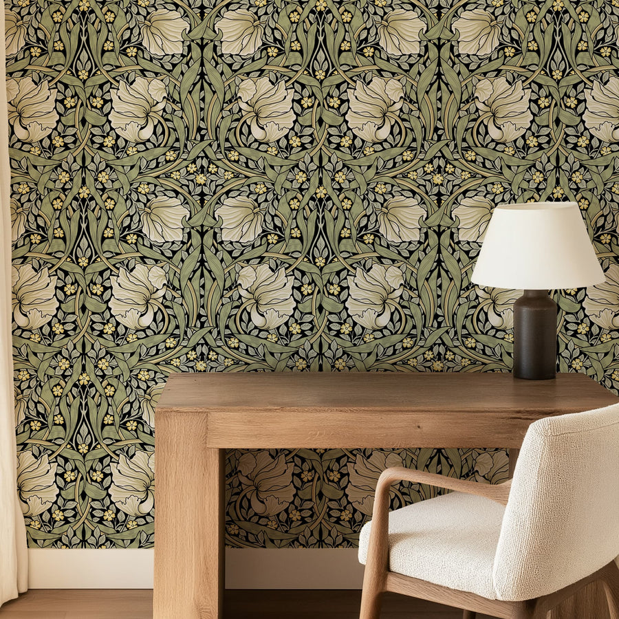 Olive green and cream William Morris Pimpernel wallpaper in a sitting room with a bench