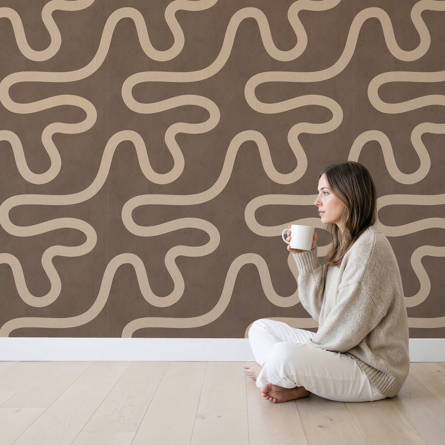 Modern interior with Organic Flowing Line Wallpaper Sand Brown by Petra Kohlmayr