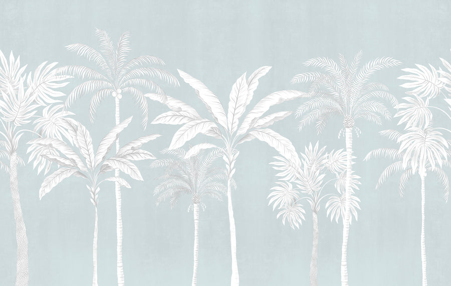 Pastel blue and white palm tree tropical wallpaper mural with tall palms and fronds