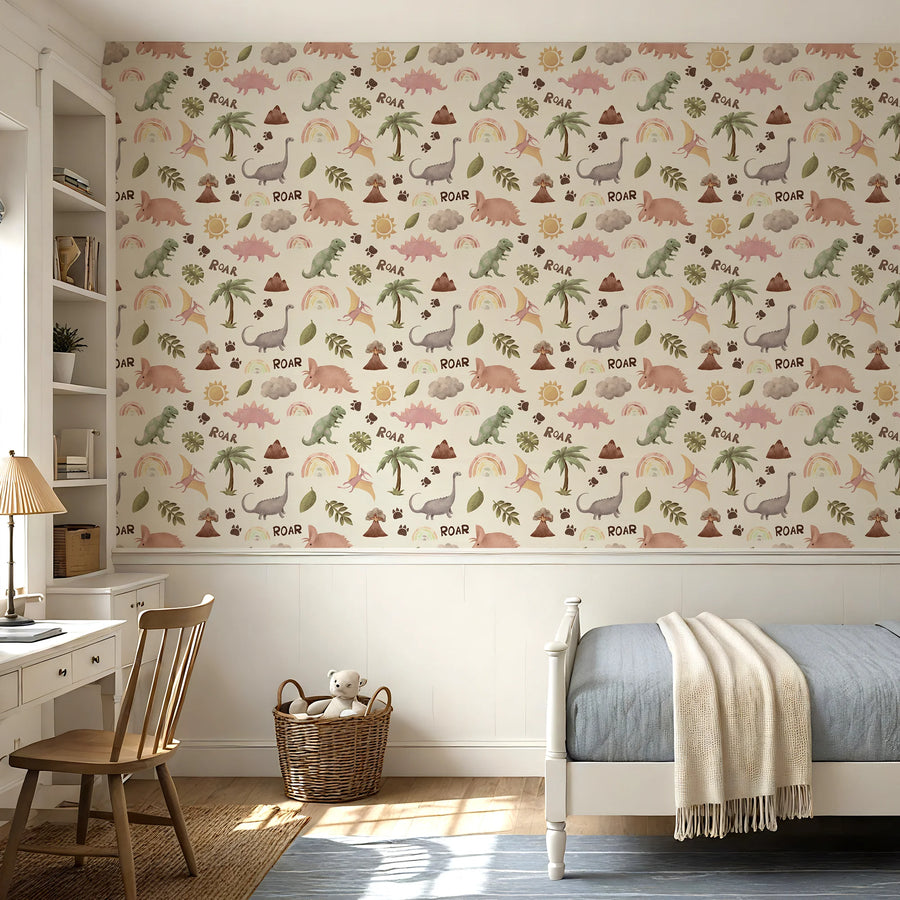 Pastel dinosaur rainbow wallpaper above white wainscoting in a kids bedroom with a bed and desk