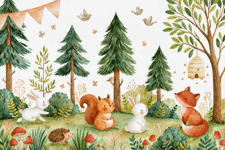 Full watercolor pine tree forest mural with a fox, squirrel, bunnies, hedgehog, toadstools, beehive and bunting