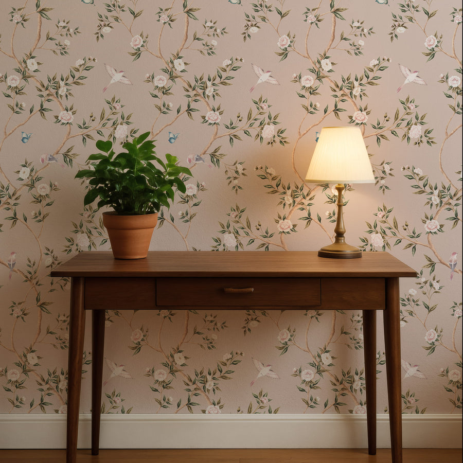 Entryway with wood console table and lamp featuring Pink Chinoiserie Hemma Wallpaper Floral Garden Birds accent wall